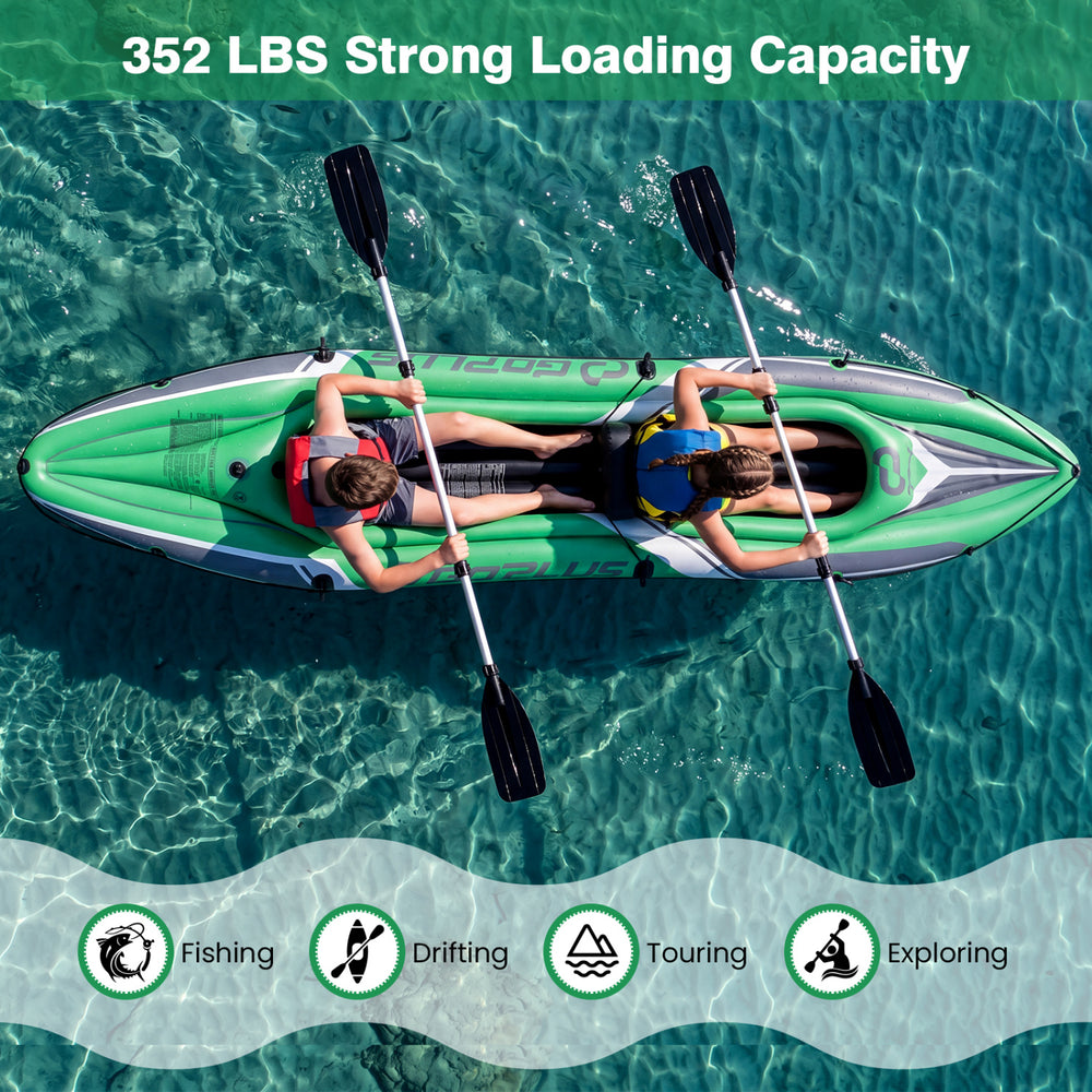 Two people paddling in a green 11.5 feet inflatable kayak, designed for fishing, drifting, and exploring.