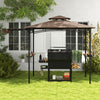 Grill gazebo with brown double-tiered top, side awning, and storage shelves for outdoor cooking and gatherings.