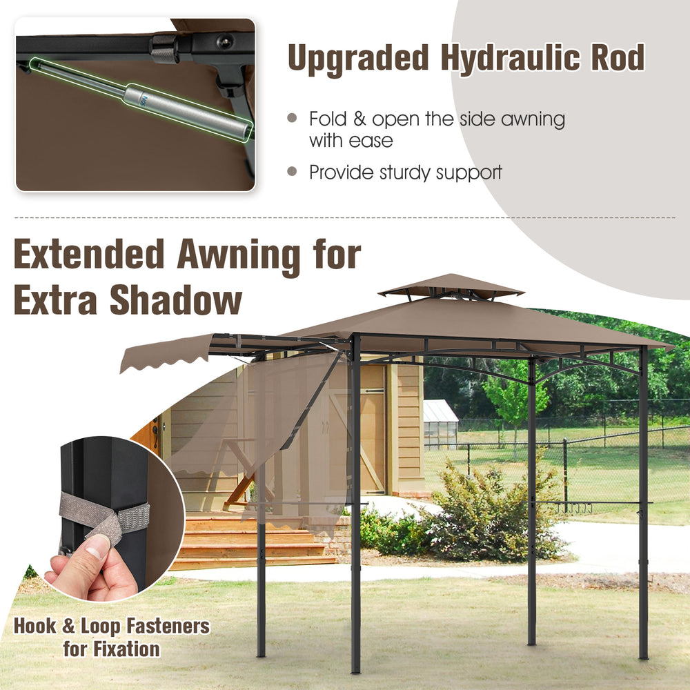 Extended awning of the 11 x 5 FT grill gazebo in brown, featuring sturdy hydraulic rod support for extra shade.