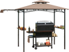 Grill gazebo with side awning and double-tiered top, featuring sturdy metal frame and storage shelves for outdoor.