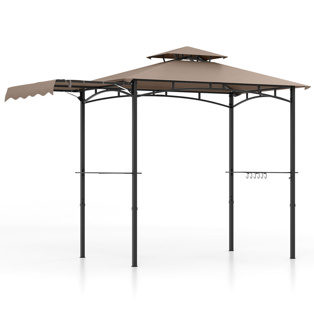 11 x 5 FT brown grill gazebo with side awning, double-tiered top, and storage shelves for outdoor gatherings.