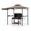 Grill gazebo with double-tiered top, side awning, and storage shelves for outdoor cooking and gatherings.