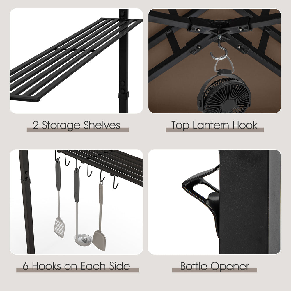 Storage shelves and hooks on the 11 x 5 FT grill gazebo for organizing tools and enhancing your grilling experience.