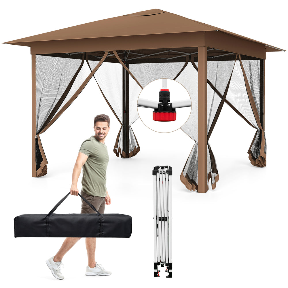 Pop-up canopy with mesh screen netting, 11.5 x 11.5 ft, featuring easy one-person setup and UPF50+ sun protection.