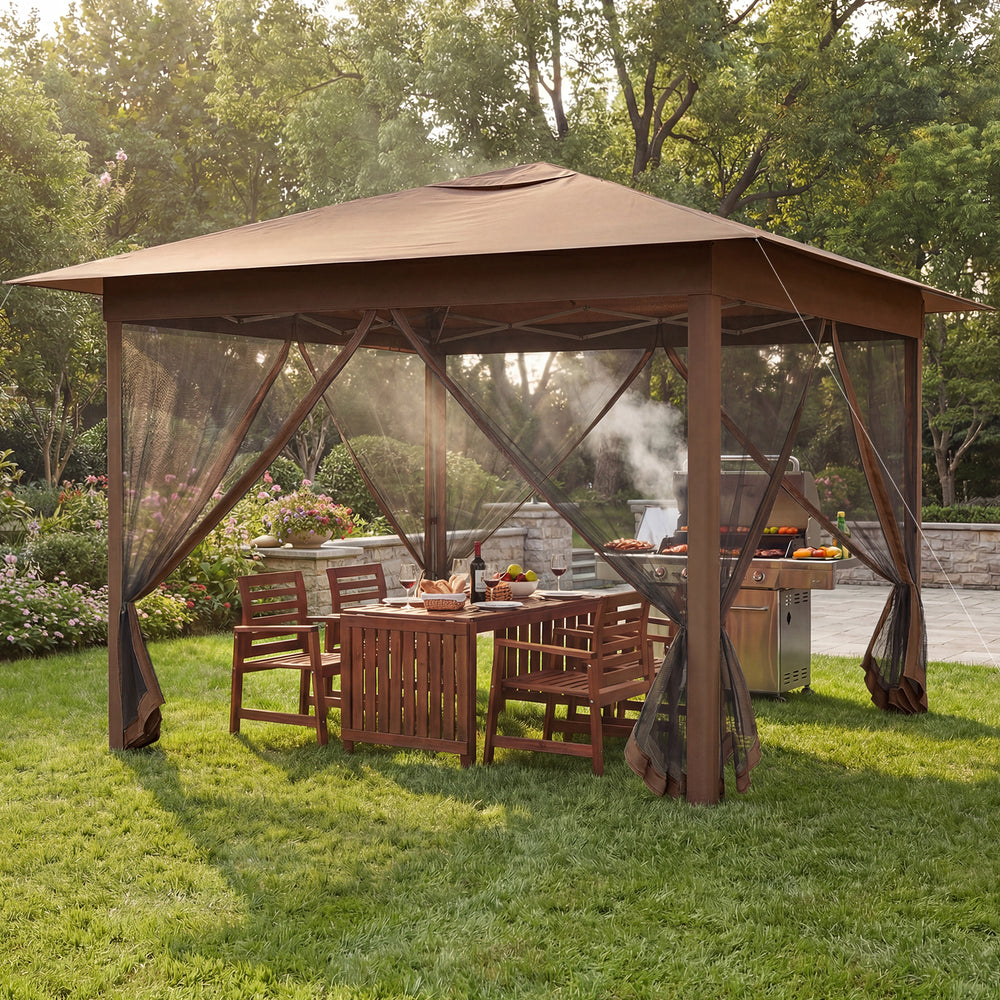 Pop-up canopy with mesh screen netting in brown, featuring a one-hand lock system for easy setup in outdoor spaces.