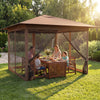 Pop-up canopy with mesh screen netting in brown, providing sun protection and airflow for outdoor gatherings.