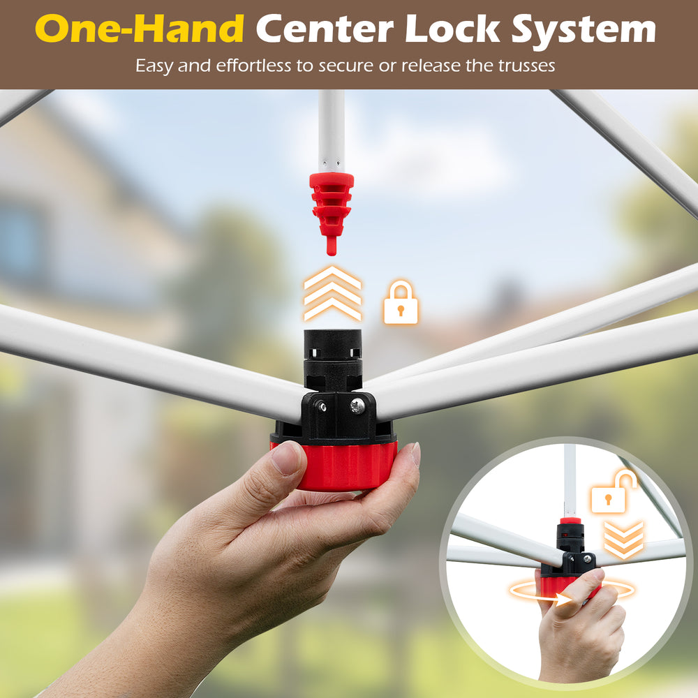 One-hand center lock system for easy setup of the 11.5 x 11.5 FT pop-up canopy with mesh screen netting.
