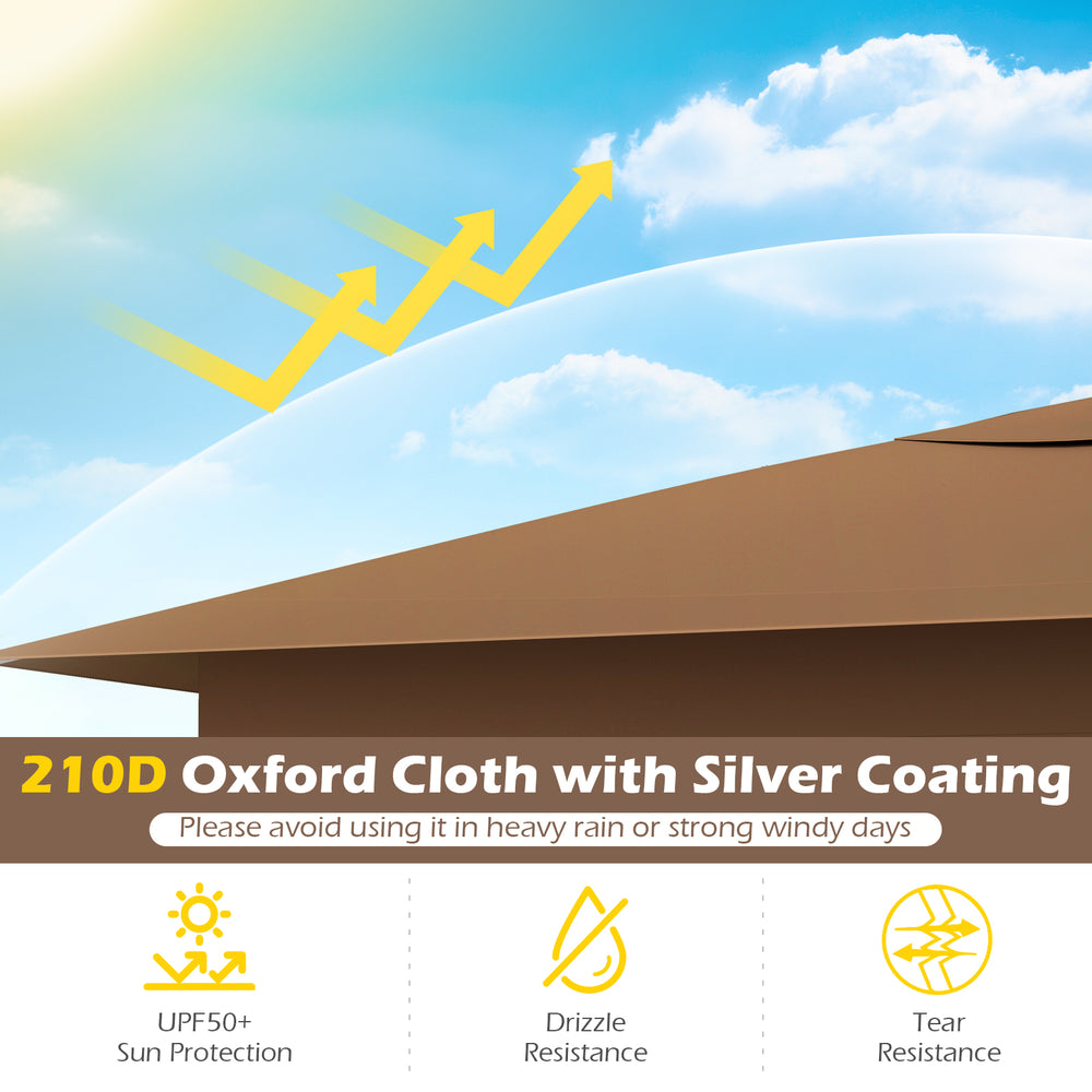 Brown 11.5 x 11.5 FT pop-up canopy featuring 210D Oxford cloth with UPF50+ sun protection and mesh screen netting.