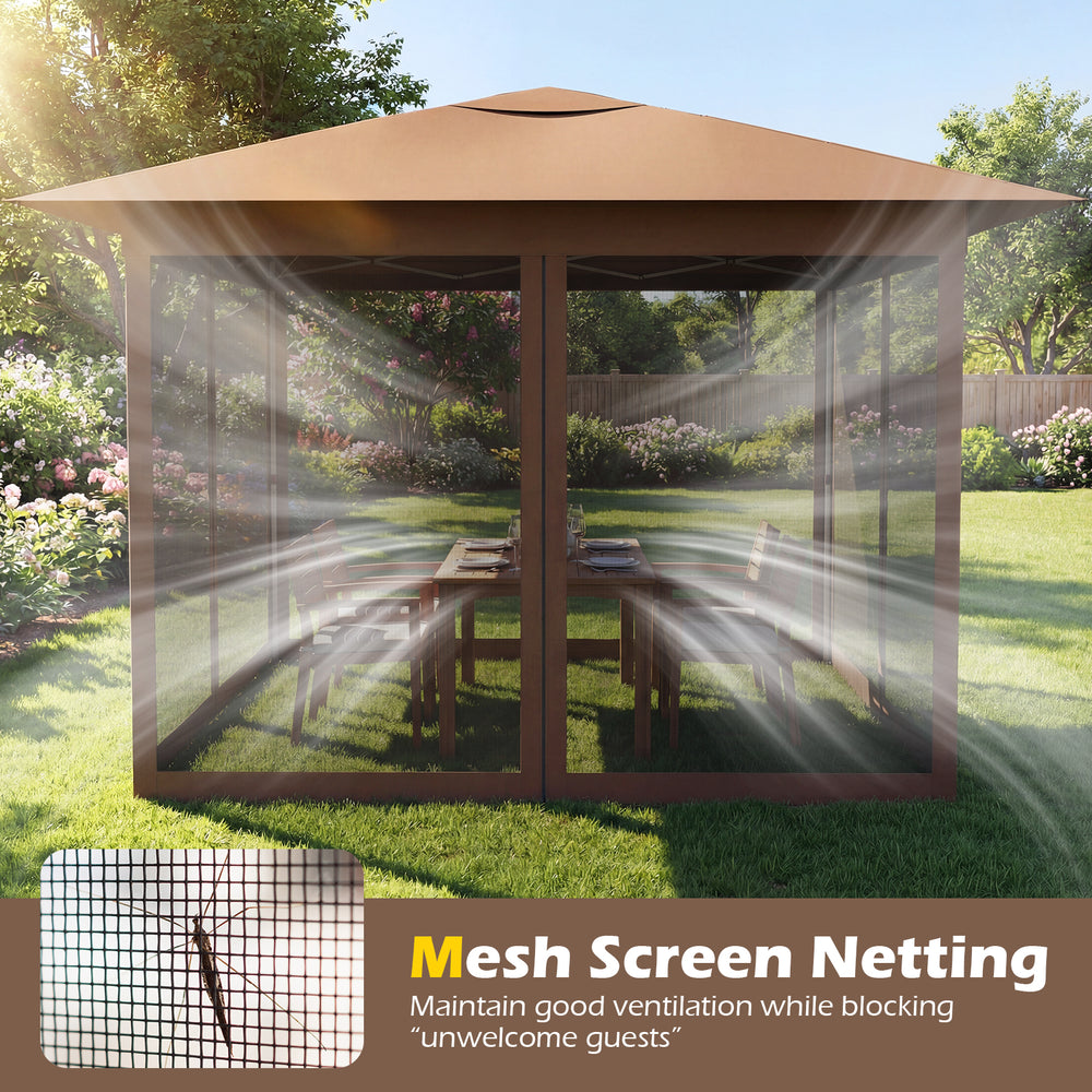 Pop-up canopy with mesh screen netting in brown, featuring 360° airflow and easy one-person setup for outdoor use.