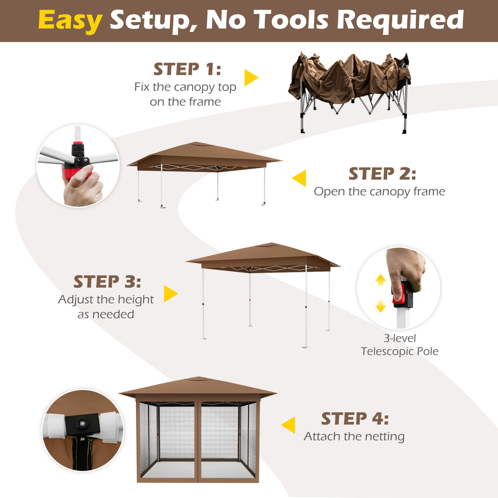 Pop-up canopy setup steps showing 11.5 x 11.5 FT brown canopy with mesh screen netting for easy one-person assembly.