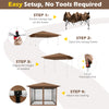 Pop-up canopy setup steps showing 11.5 x 11.5 FT brown canopy with mesh screen netting for easy one-person assembly.