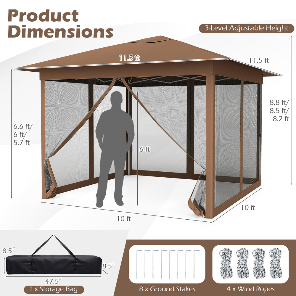 Pop-up canopy with mesh screen netting, 11.5 x 11.5 ft, brown, featuring adjustable height and easy one-person setup.