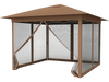 Brown 11.5 x 11.5 FT pop-up canopy with mesh screen netting, featuring a one-hand lock system for easy setup.