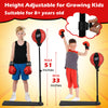 Kids punching bag with adjustable stand, red and black design, suitable for ages 8+, promotes hand-eye coordination.