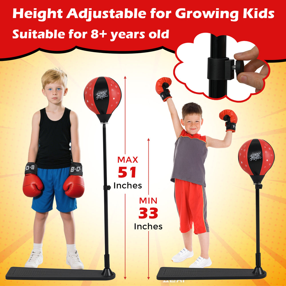 Kids punching bag with adjustable stand, red and black design, suitable for ages 8+, promotes hand-eye coordination.