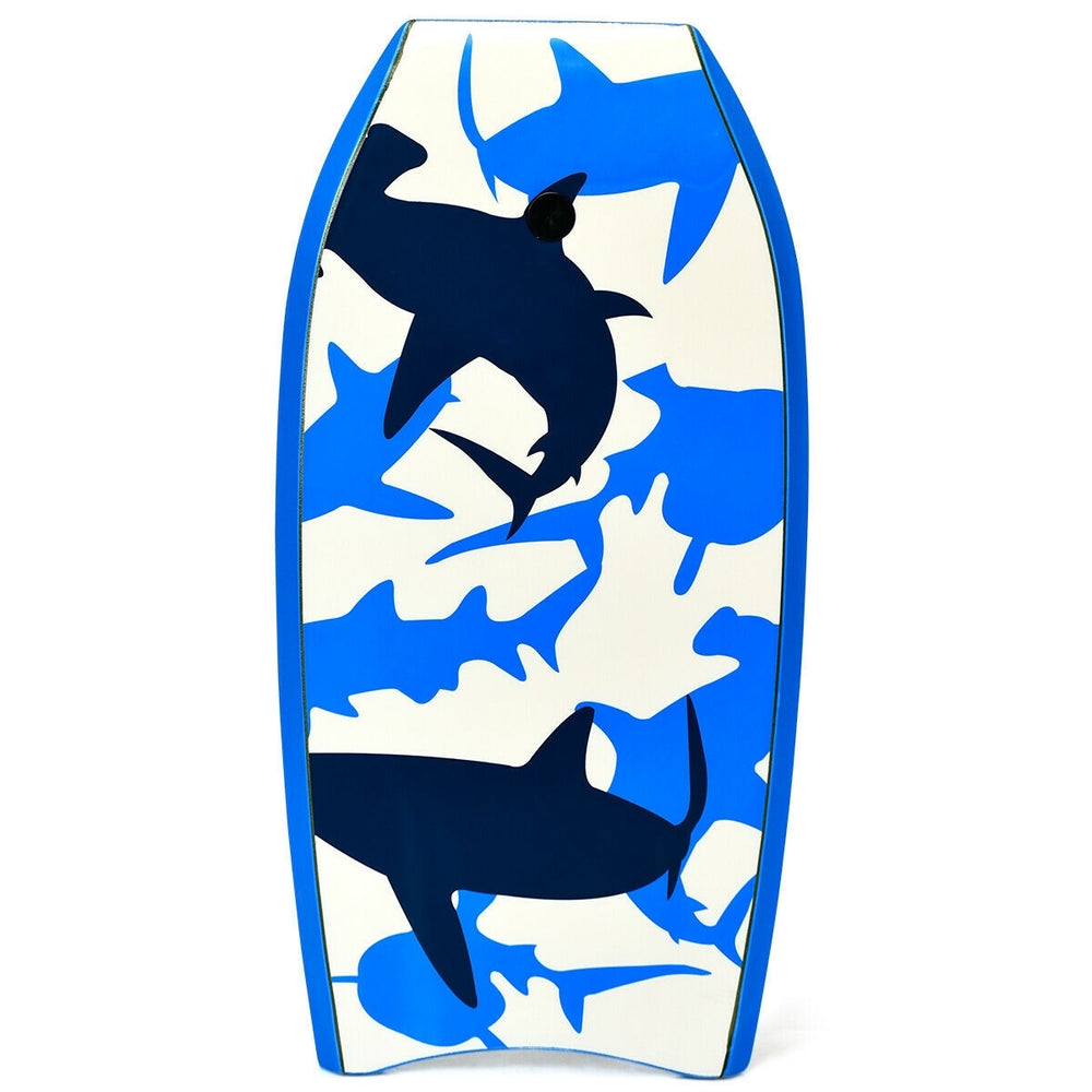 Lightweight bodyboard with blue shark design, made of EPS core and XPE deck, ideal for summer surfing fun.