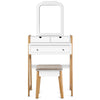 Vanity table set with large mirror, white finish, and cushioned stool, perfect for makeup and storage in any room.