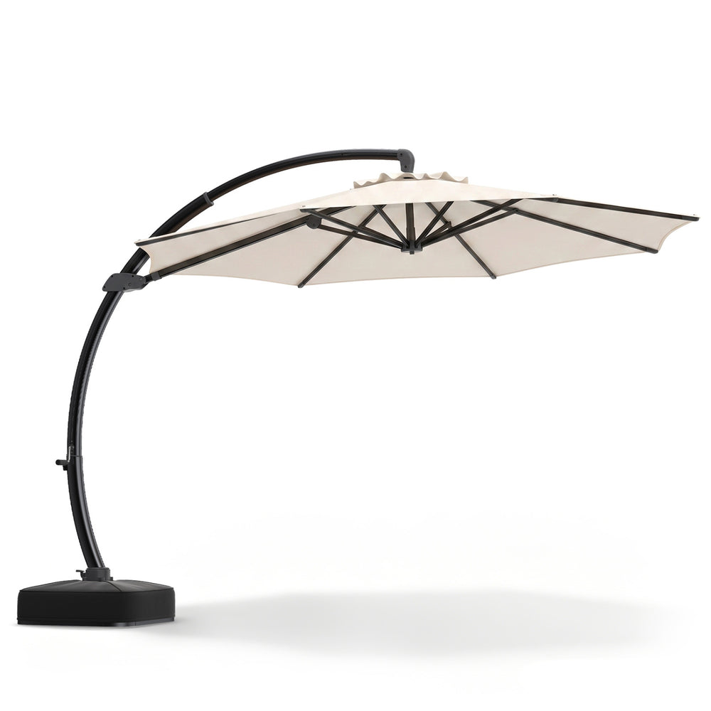 11 FT cantilever patio umbrella in beige with 360° rotation, tilt adjustment, and rustproof aluminum frame for outdoor.