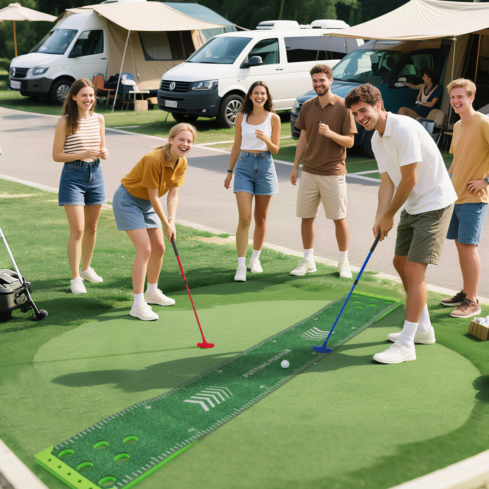 Putting green mat with adjustable putters and balls, perfect for outdoor fun with friends and family.