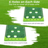 Putting green mat showing 6 holes on each side, designed for indoor and outdoor play with adjustable putters and balls.