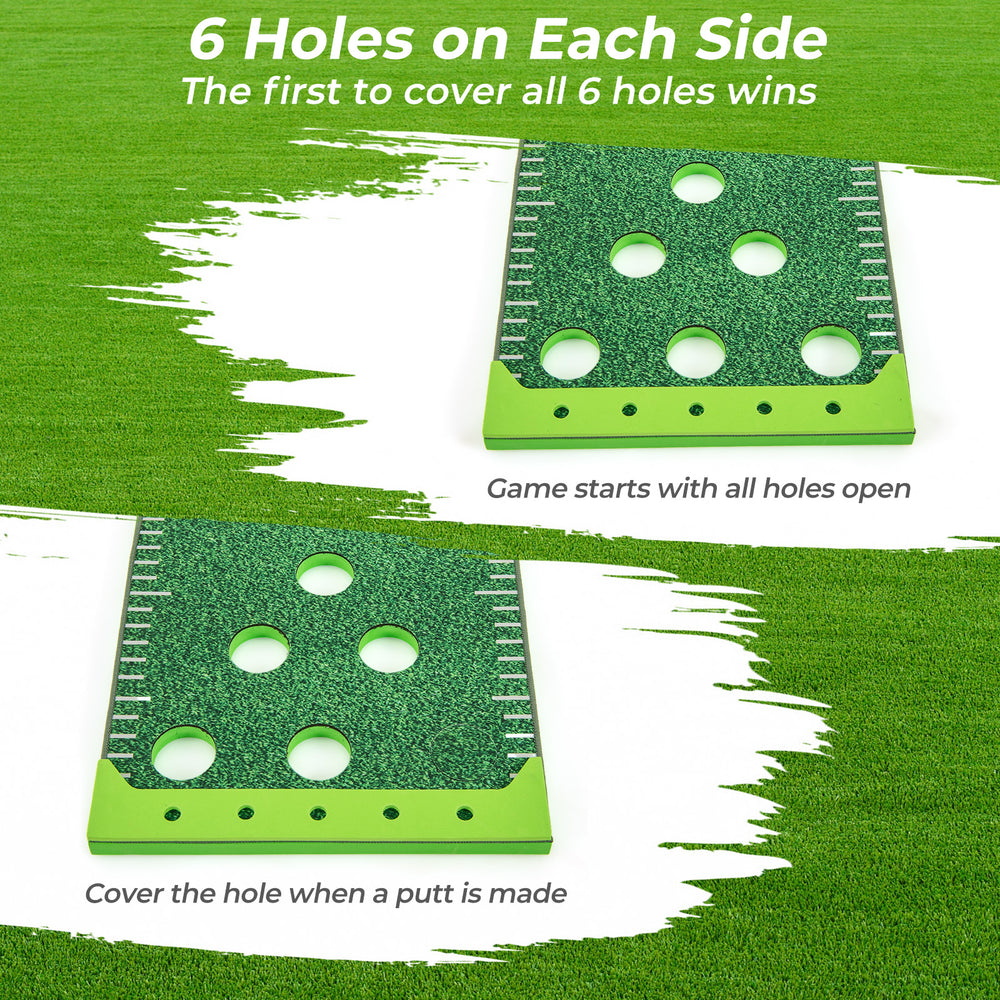 Putting green mat showing 6 holes on each side, designed for indoor and outdoor play with adjustable putters and balls.