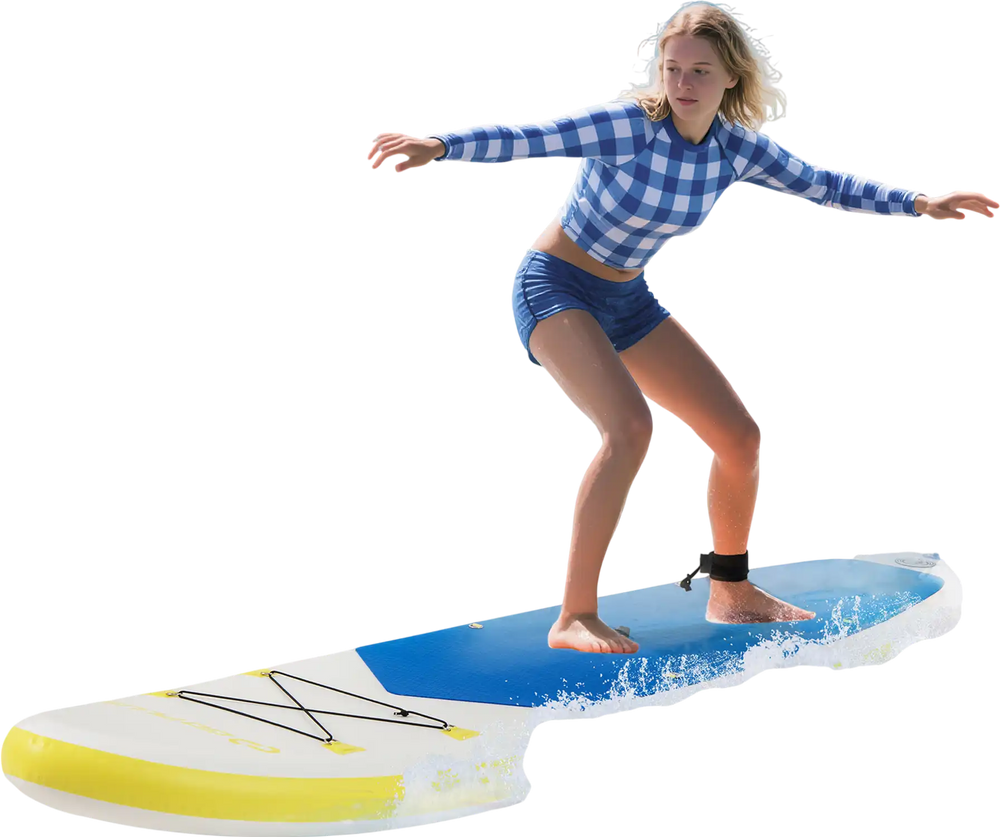 Youth adult surfing on an 11-foot inflatable stand-up paddle board in the ocean, showcasing stability and control.
