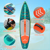 Inflatable stand up paddle board with kayak seat, anti-slip deck pad, bungee storage, and multifunctional D-rings.