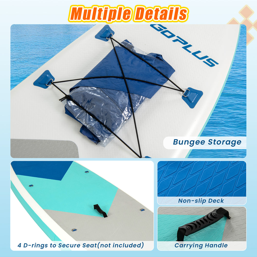 Top view of the 11 Feet Premium SUP inflatable paddle board featuring bungee storage and 4 D-rings for seat attachment.
