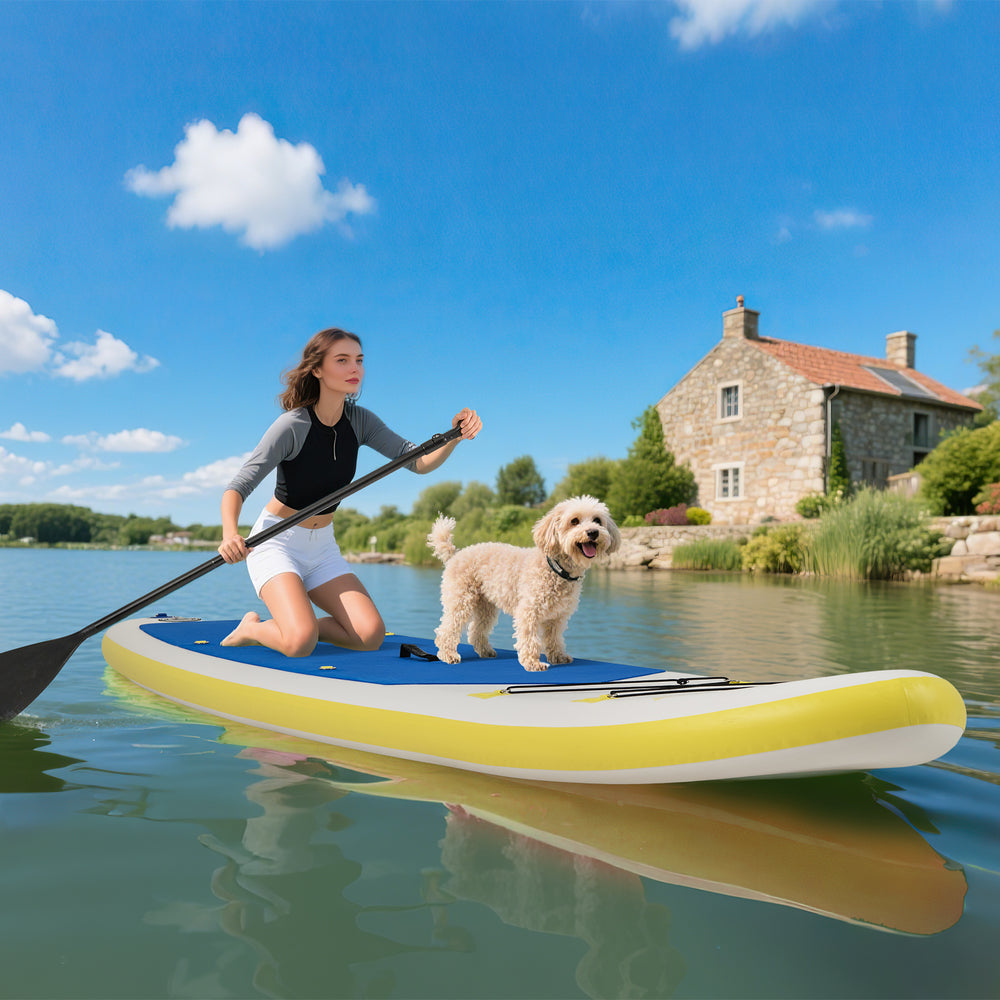 11 feet inflatable stand-up paddle board with a non-slip deck, paddling on a lake with a dog for outdoor fun.