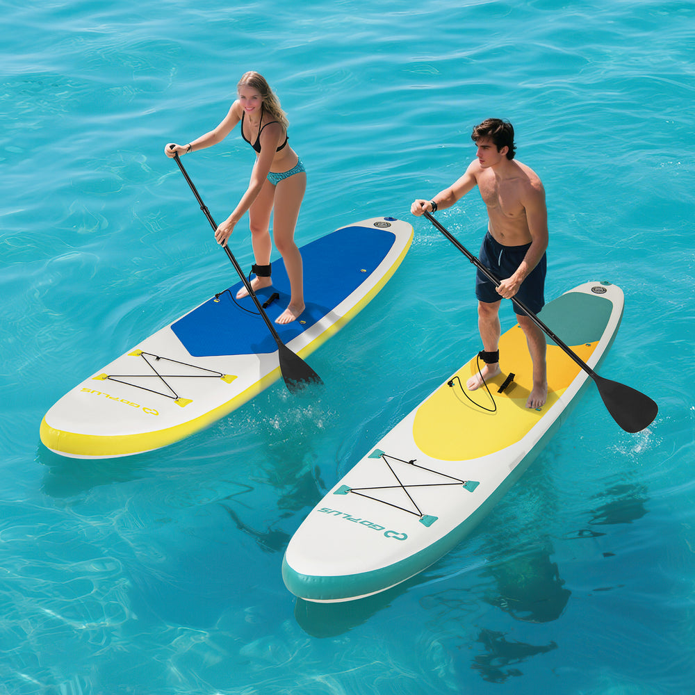 Two paddlers on 11 feet inflatable stand up paddle boards in vibrant colors, ideal for youth and adults on water.