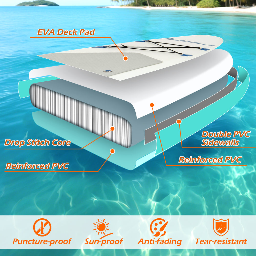 Inflatable 11 feet SUP paddle board with reinforced drop stitch core, non-slip deck, and dual action hand pump for easy.