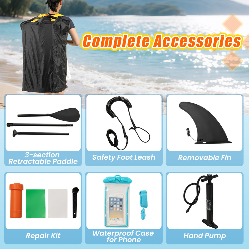 Complete accessory set for 11 Feet Premium SUP, including paddle, safety leash, removable fin, and hand pump.