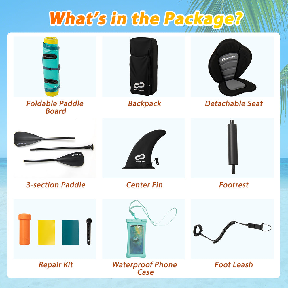 Foldable paddle board package includes a backpack, detachable seat, 3-section paddle, and waterproof phone case.