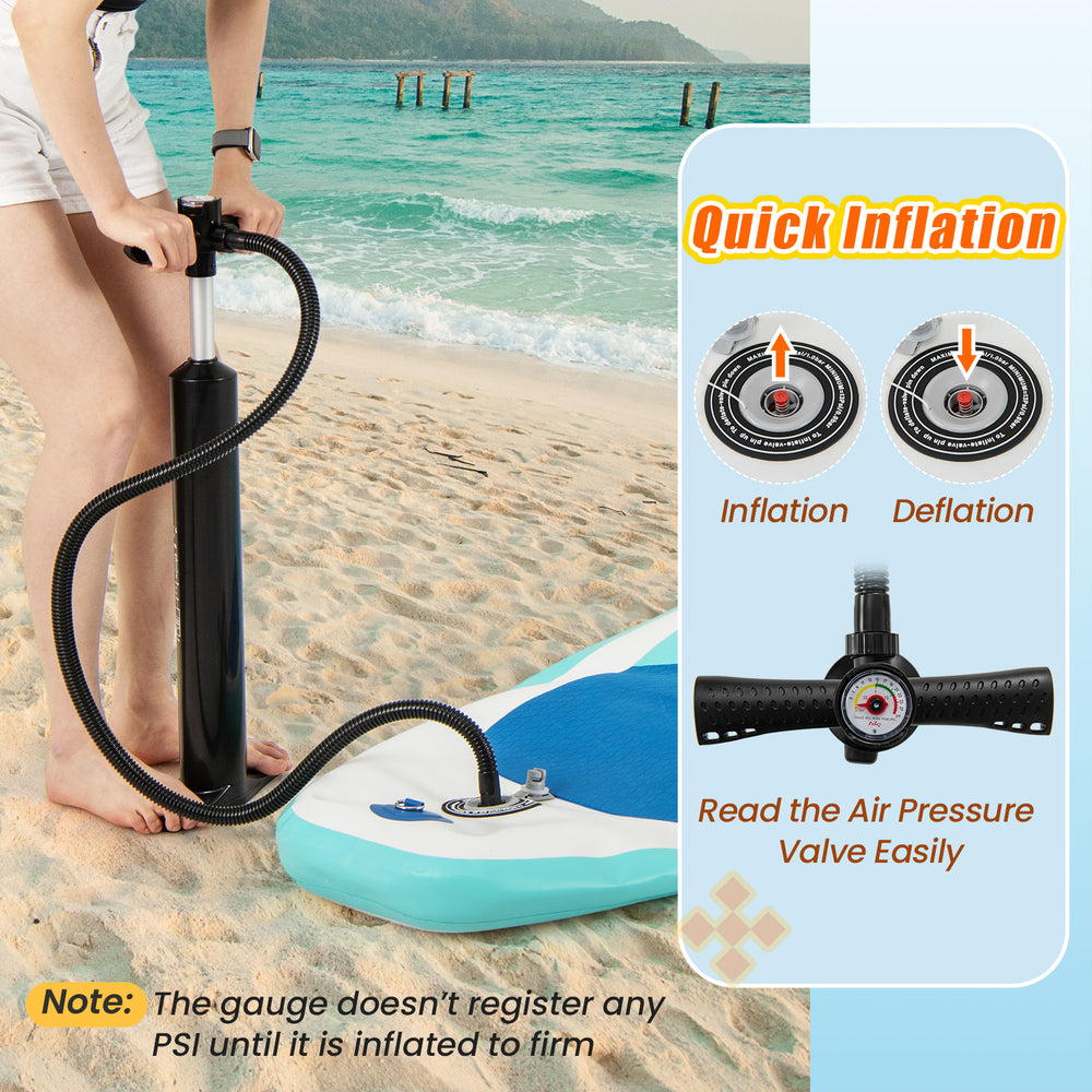Dual action hand pump for quick inflation of the 11 Feet Premium SUP inflatable paddle board, featuring an easy-to-read.