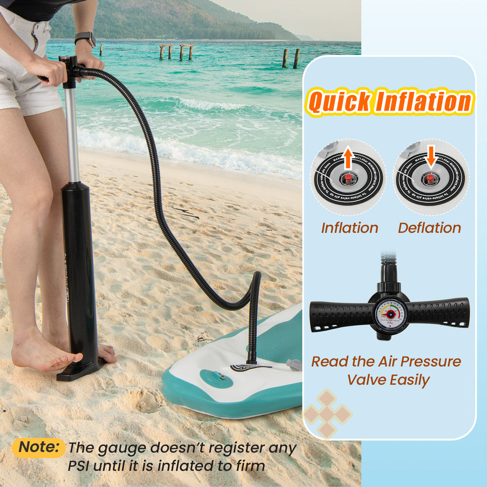 Dual action hand pump for quick inflation of the 11 Feet Premium SUP Inflatable Stand Up Paddle Board on the beach.