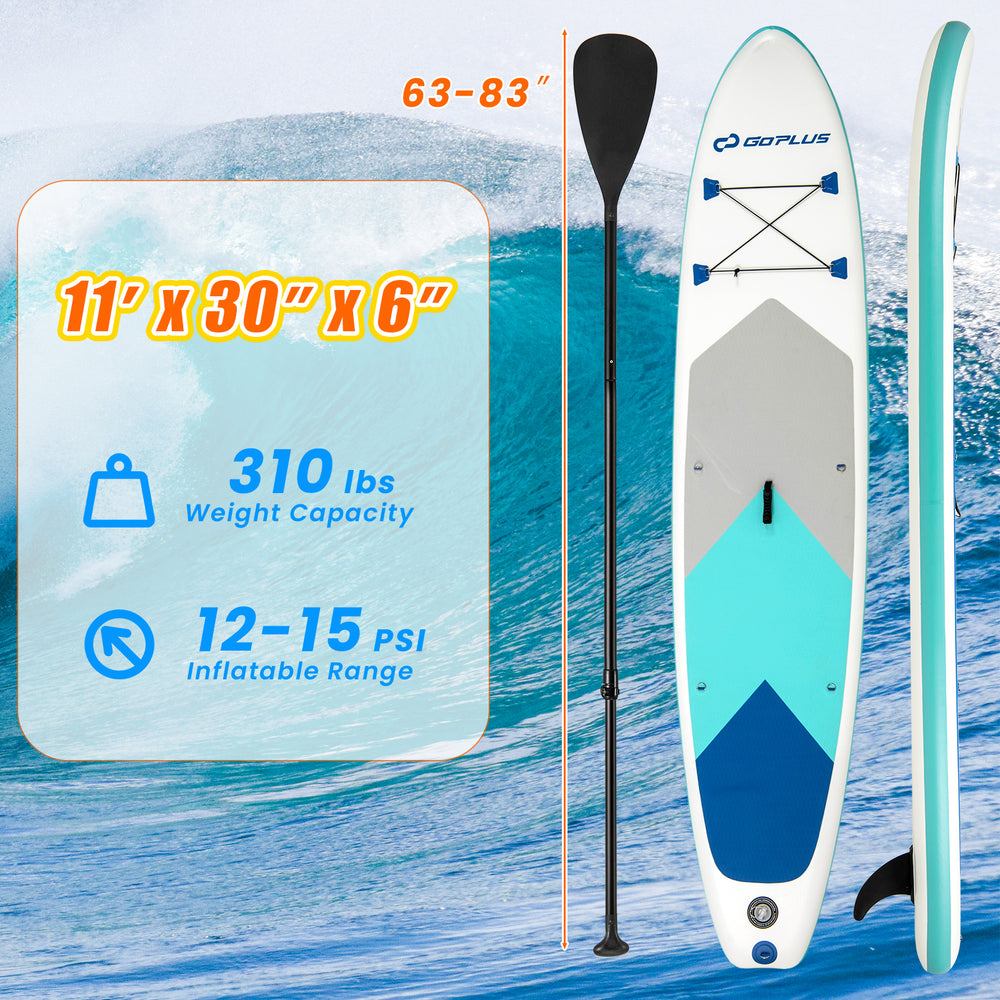 11' inflatable stand up paddle board with non-slip deck, 310 lbs capacity, and removable fin for easy control.