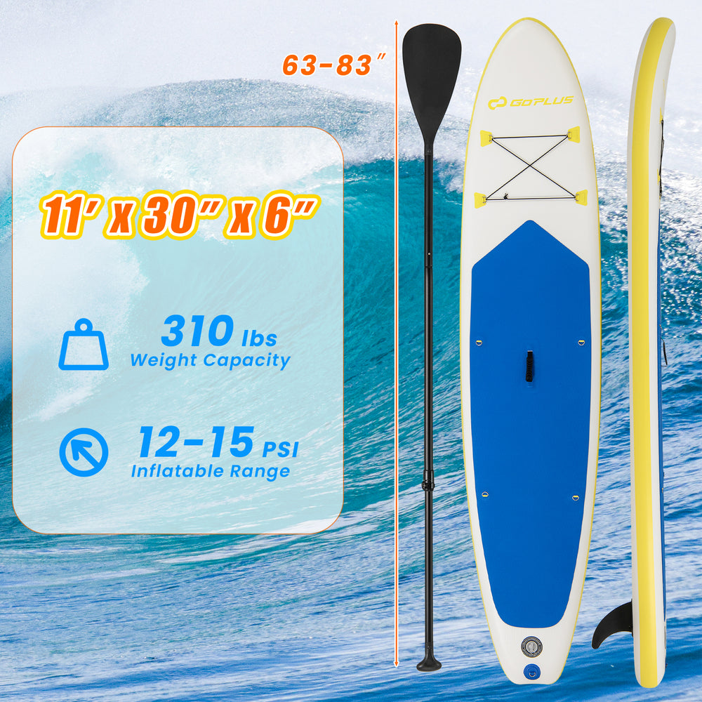 11-foot inflatable stand up paddle board with blue design, paddle, and safety features for youth and adults.