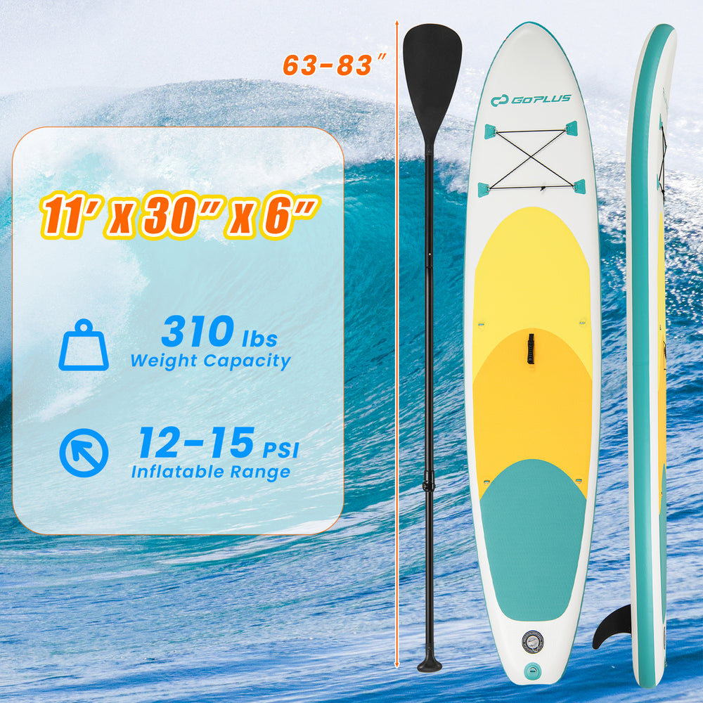 11-foot inflatable stand up paddle board with a non-slip deck, 310 lbs capacity, and removable fin for easy control.