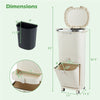 Dimensions of the 11-gallon beige kitchen trash can, highlighting its ergonomic height and space-saving design for easy.