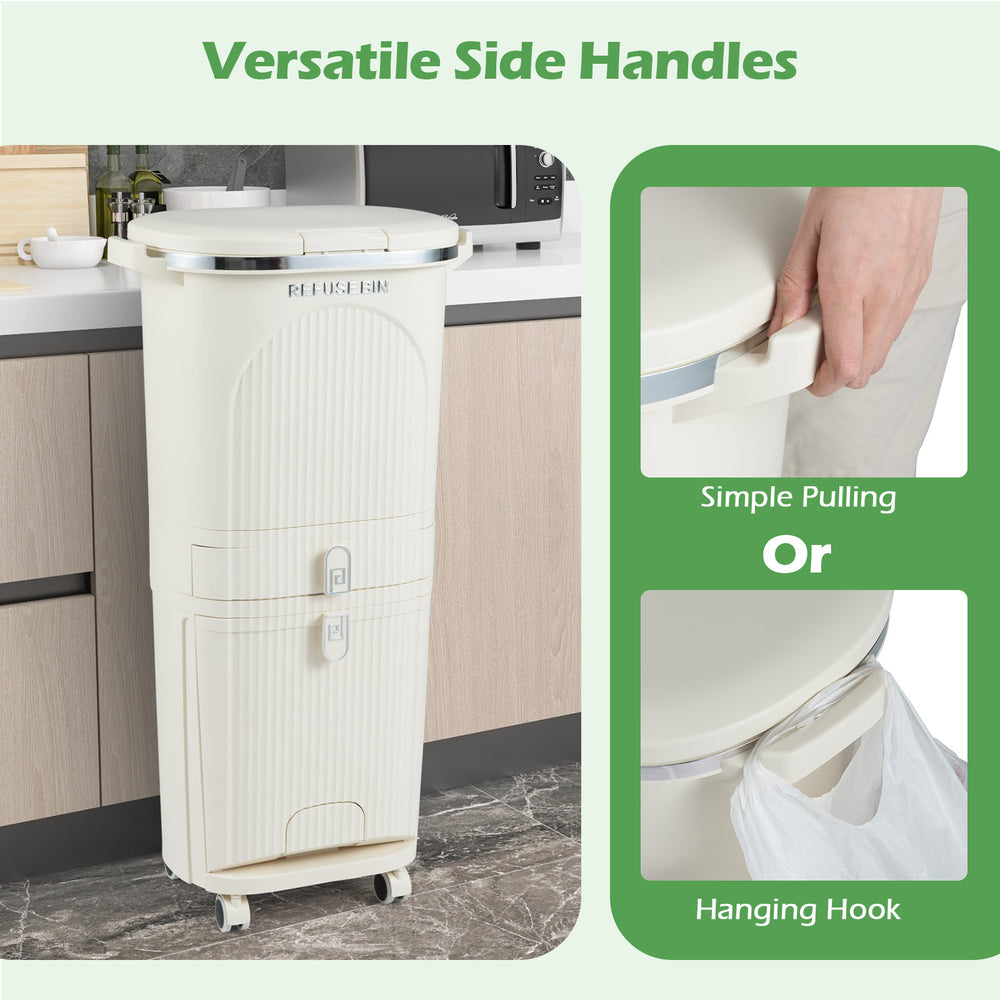 11-gallon beige kitchen trash can with dual buckets, pull-out drawer, and versatile side handles for easy access.