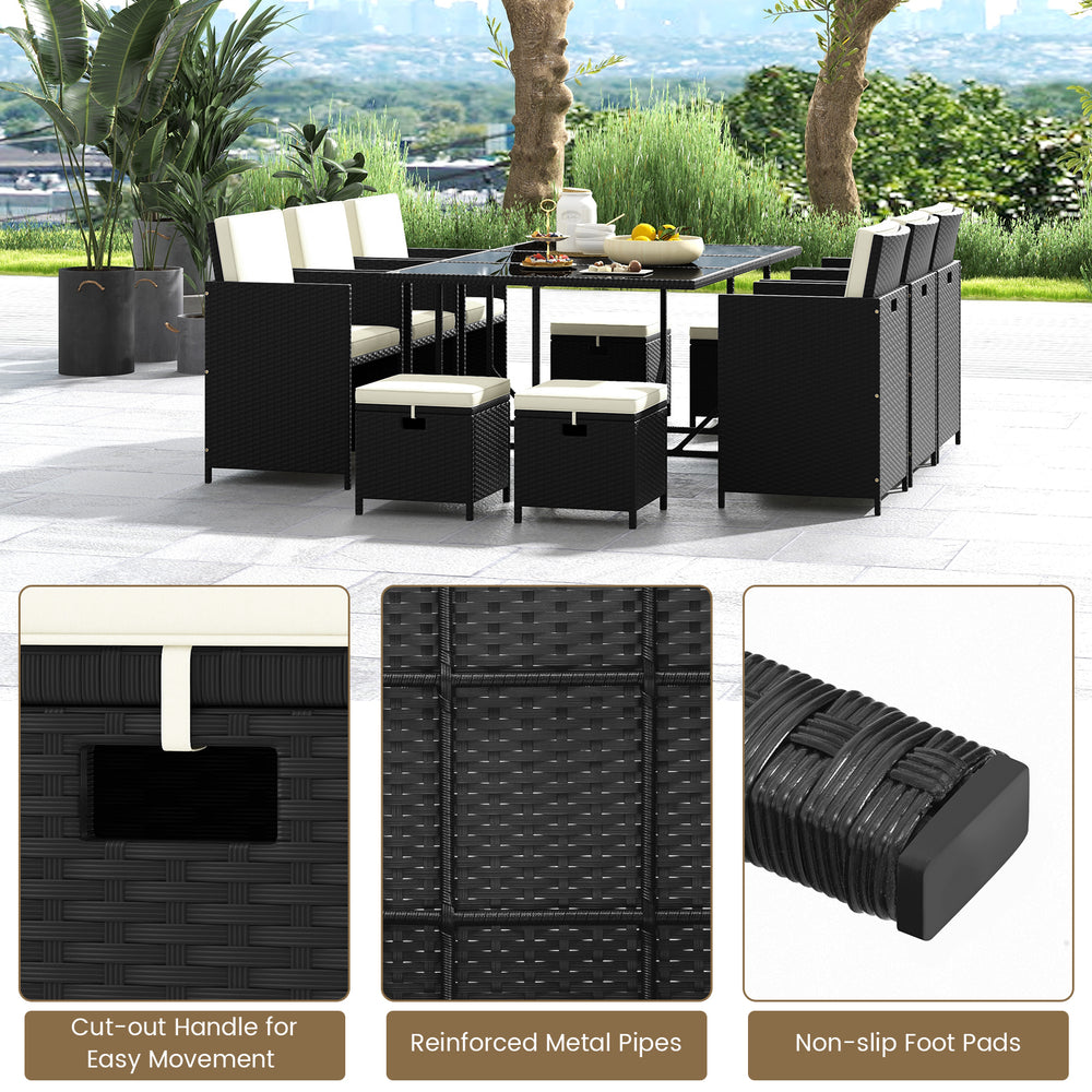 11-piece patio dining set with black wicker chairs, tempered glass table, and waterproof cushions for outdoor.