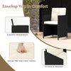 Supportive tilted backrest and armrests of a wicker chair from the 11 Piece Patio Dining Set for relaxation.