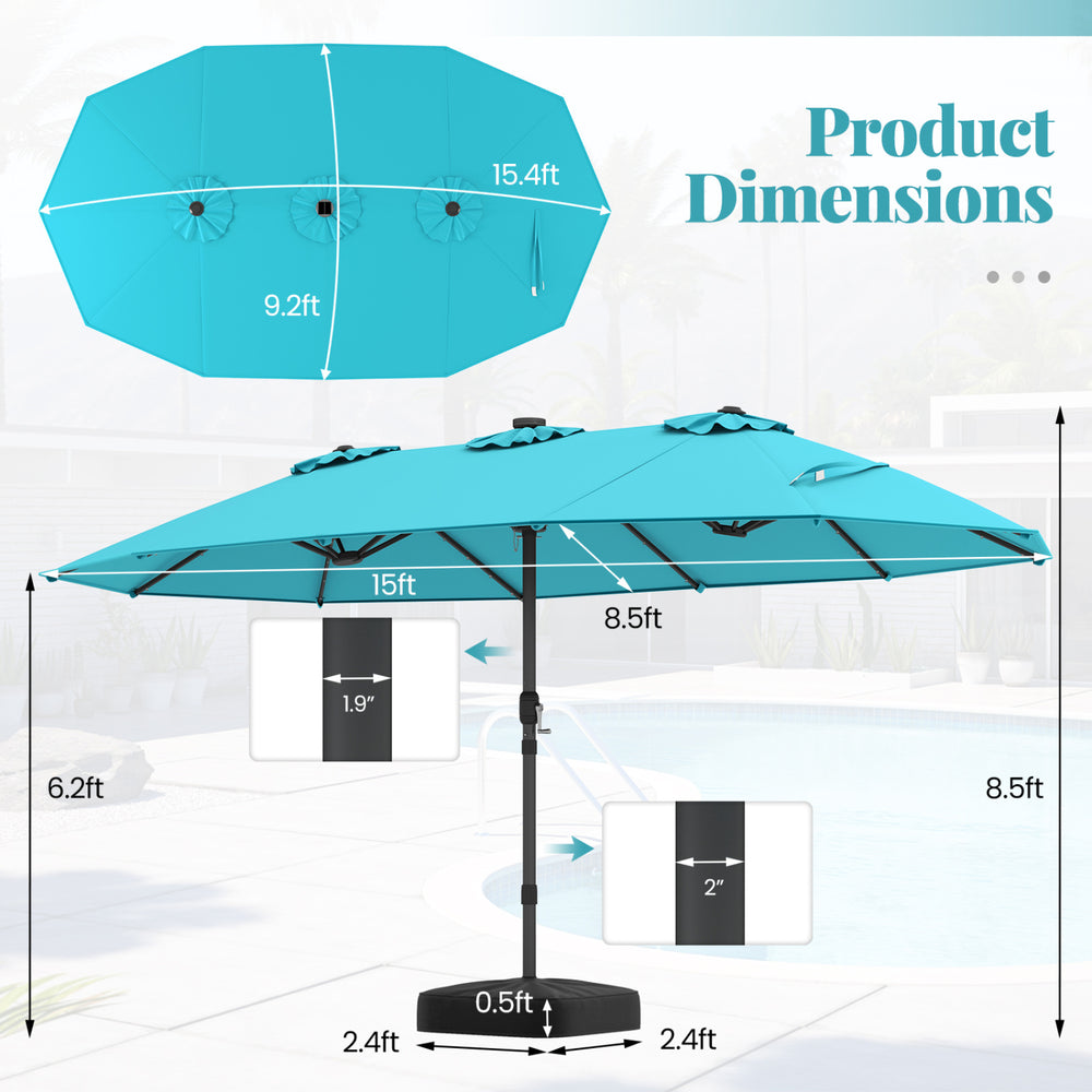 15ft double-sided turquoise patio umbrella with dimensions, featuring a sturdy base for outdoor dining set stability.