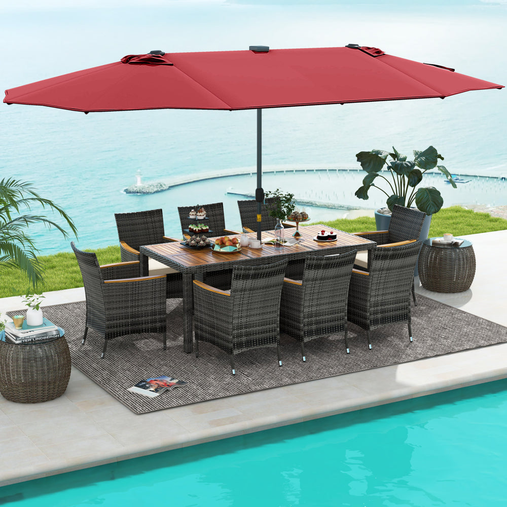 11 Pieces Patio Dining Set with 15 Feet Double-Sided Patio Umbrella Base Included-Wine - Gallery View 1 of 6
