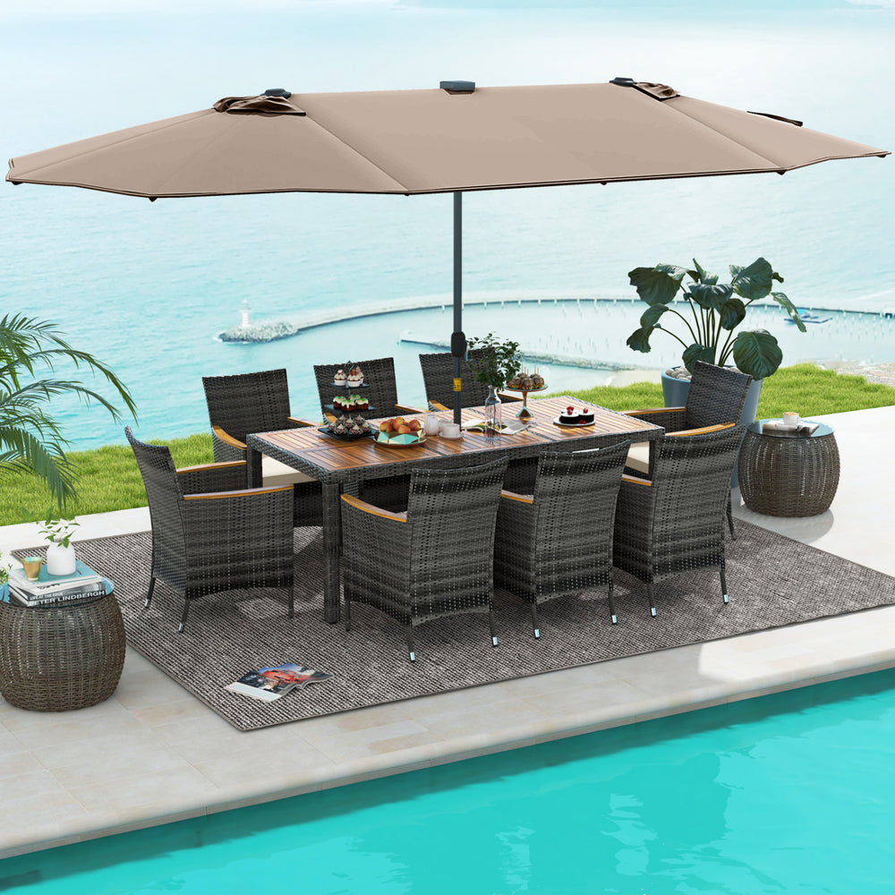 11 Pieces Patio Dining Set with 15 Feet Double-Sided Patio Umbrella Base Included-Tan - Gallery View 1 of 6