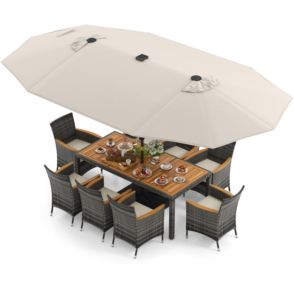 11-piece patio dining set featuring a large acacia wood table, 8 chairs, and a 15 ft double-sided umbrella for outdoor.