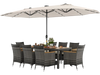 11-piece patio dining set featuring a large acacia wood table, 8 gray PE rattan chairs, and a 15 ft double-sided.