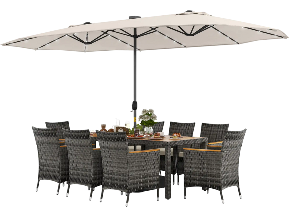11-piece patio dining set featuring a large acacia wood table, 8 gray PE rattan chairs, and a 15 ft double-sided.