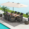 11-piece patio dining set featuring a large acacia wood table, 10 chairs, and a 15 ft double-sided umbrella for outdoor.