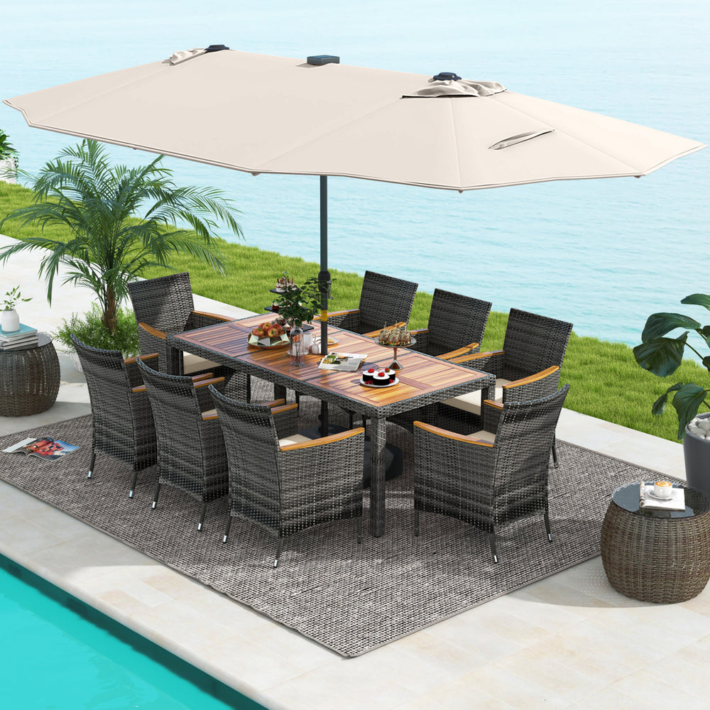 11-piece patio dining set featuring a large acacia wood table, 10 chairs, and a 15 ft double-sided umbrella for outdoor.